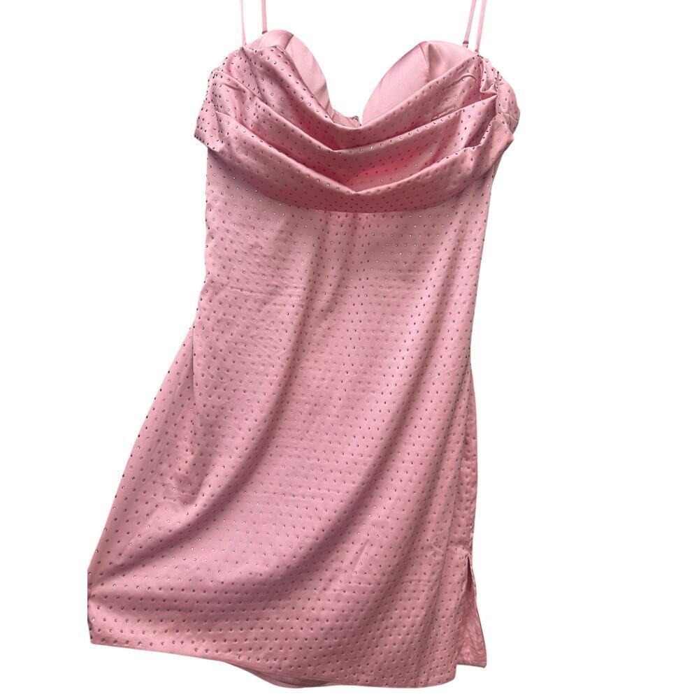 Oh Polly Sparkly Pink Satin Mini Dress – Rhinestone Cowl Neck Party Dress, SZ 10 - Picture 3 of 10